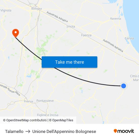 Talamello to Unione Dell'Appennino Bolognese map