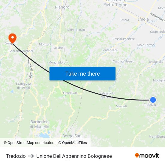 Tredozio to Unione Dell'Appennino Bolognese map