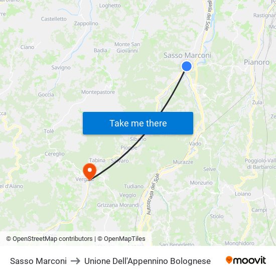 Sasso Marconi to Unione Dell'Appennino Bolognese map