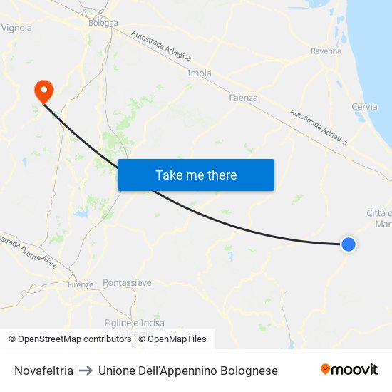 Novafeltria to Unione Dell'Appennino Bolognese map