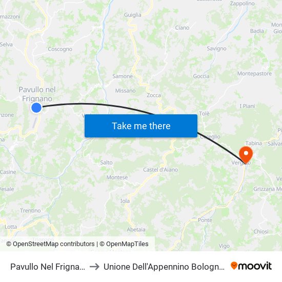 Pavullo Nel Frignano to Unione Dell'Appennino Bolognese map
