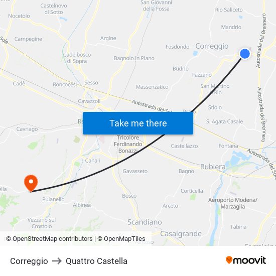 Correggio to Quattro Castella map