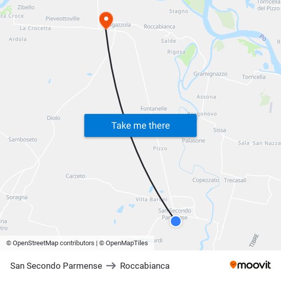 San Secondo Parmense to Roccabianca map