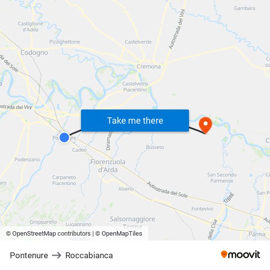 Pontenure to Roccabianca map