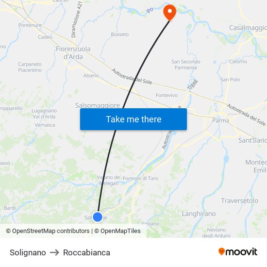 Solignano to Roccabianca map