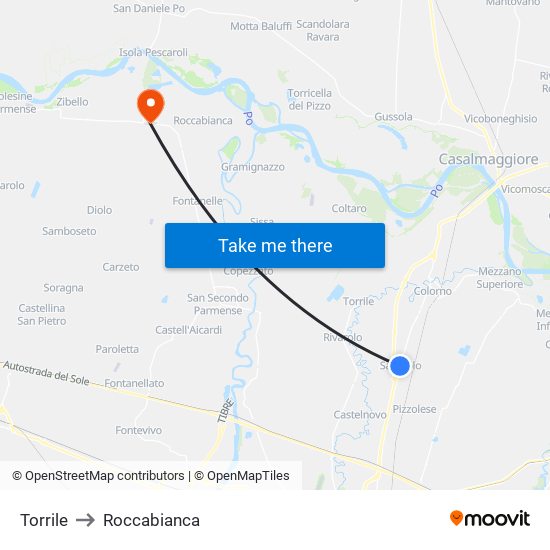 Torrile to Roccabianca map