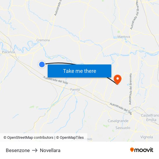 Besenzone to Novellara map