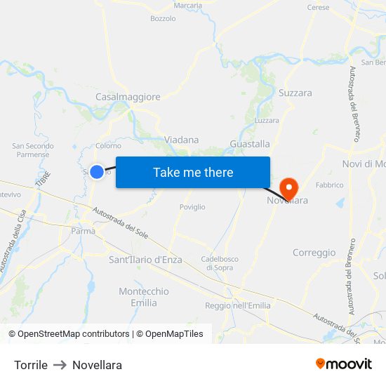 Torrile to Novellara map