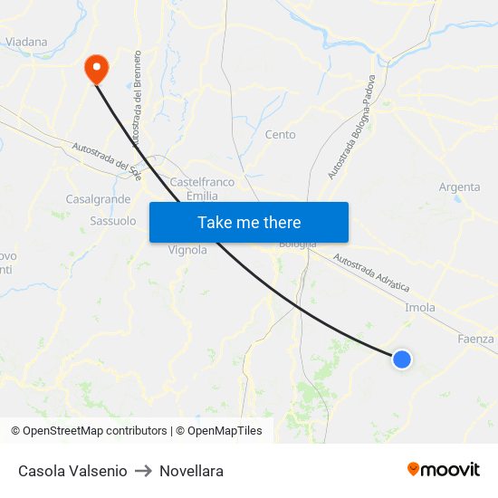 Casola Valsenio to Novellara map