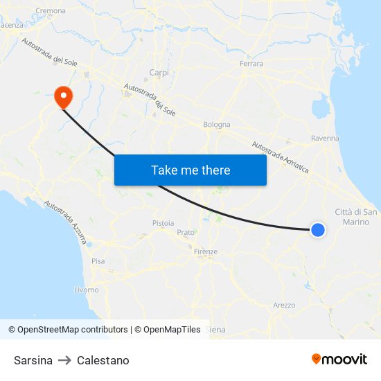 Sarsina to Calestano map