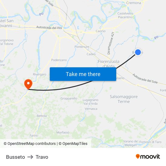 Busseto to Travo map