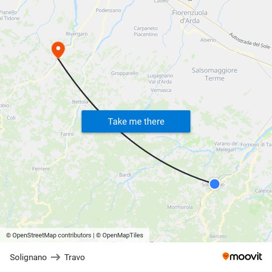 Solignano to Travo map