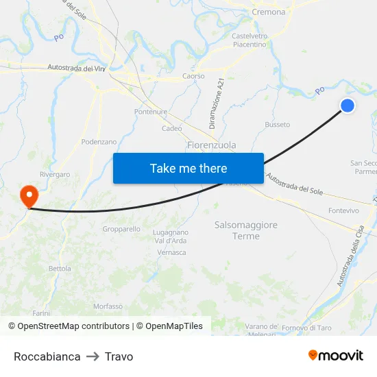 Roccabianca to Travo map