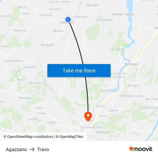 Agazzano to Travo map