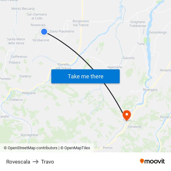 Rovescala to Travo map