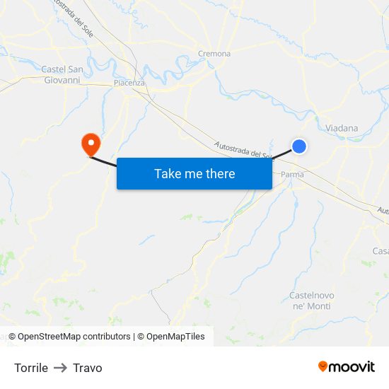 Torrile to Travo map
