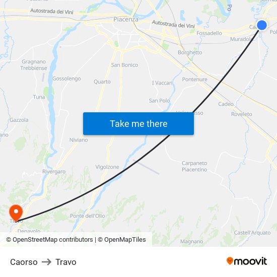 Caorso to Travo map