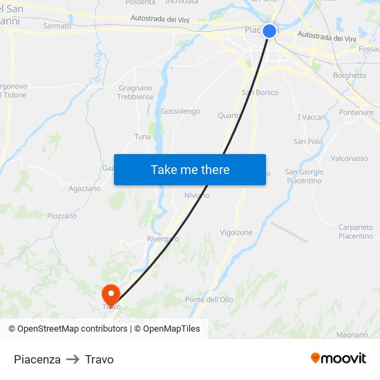 Piacenza to Travo map