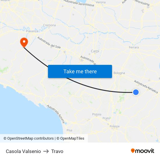 Casola Valsenio to Travo map