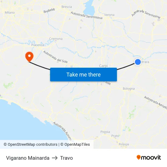 Vigarano Mainarda to Travo map