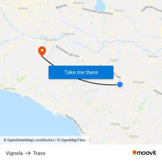 Vignola to Travo map