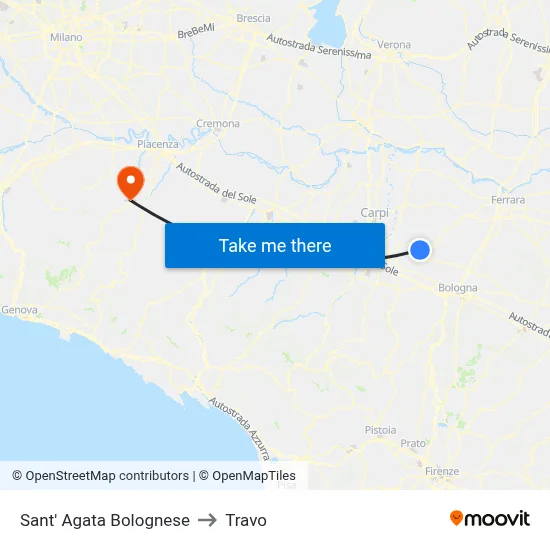 Sant' Agata Bolognese to Travo map