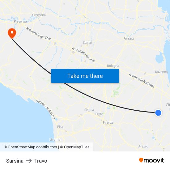 Sarsina to Travo map