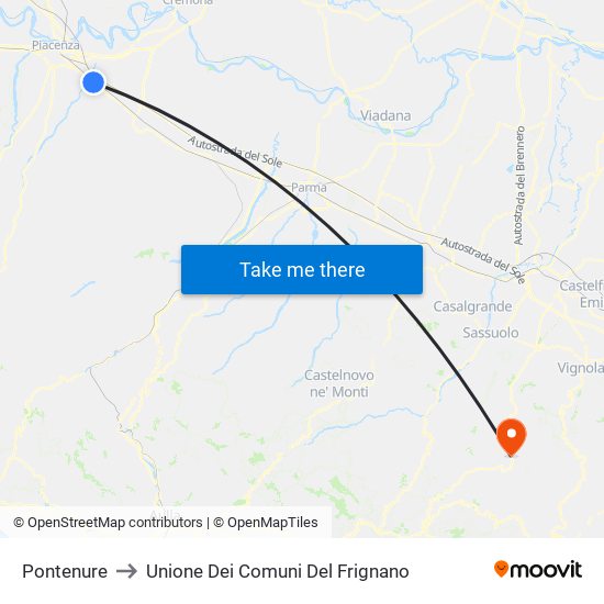 Pontenure to Unione Dei Comuni Del Frignano map