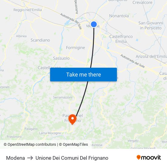 Modena to Unione Dei Comuni Del Frignano map