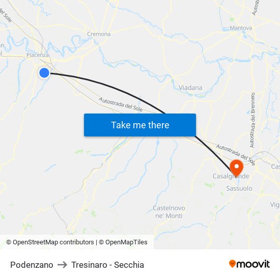 Podenzano to Tresinaro - Secchia map