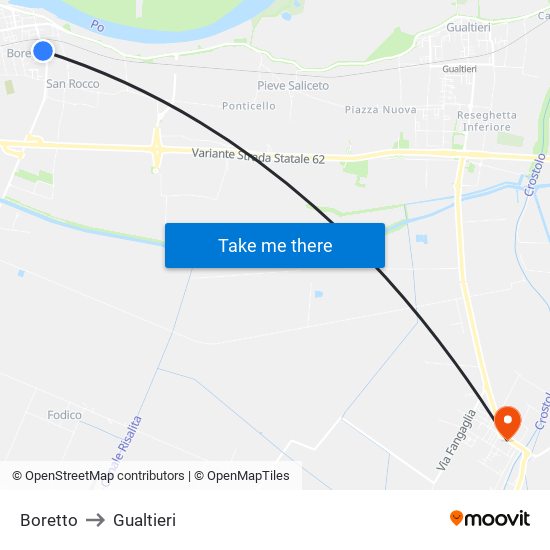 Boretto to Gualtieri map