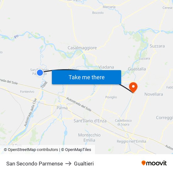 San Secondo Parmense to Gualtieri map