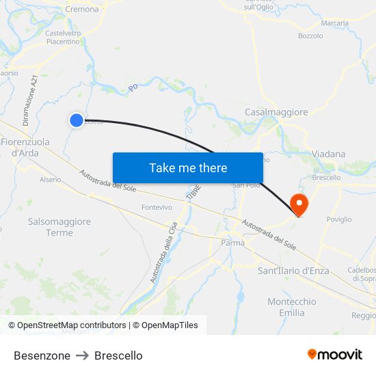 Besenzone to Brescello map