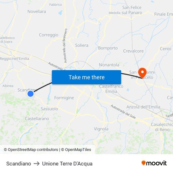 Scandiano to Unione Terre D'Acqua map