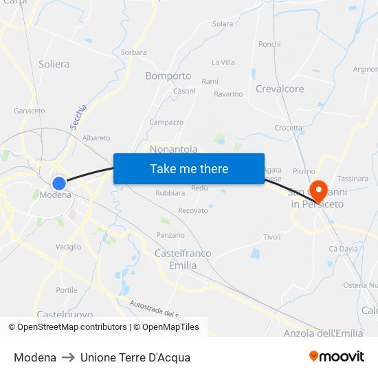 Modena to Unione Terre D'Acqua map