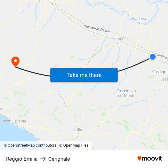 Reggio Emilia to Cerignale map