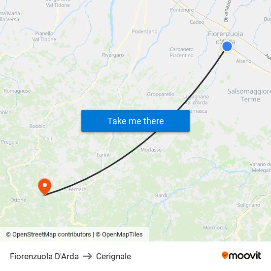 Fiorenzuola D'Arda to Cerignale map