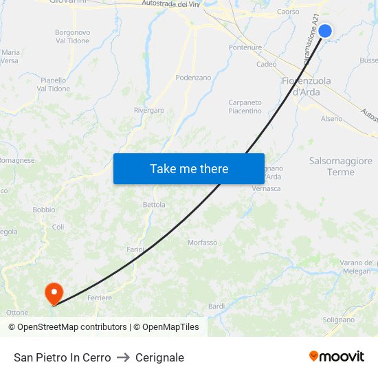 San Pietro In Cerro to Cerignale map