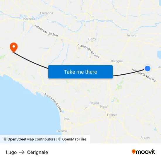 Lugo to Cerignale map