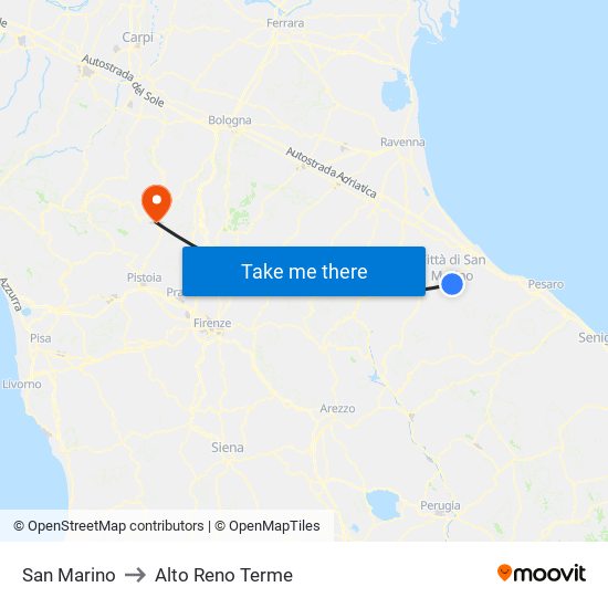 San Marino to Alto Reno Terme map