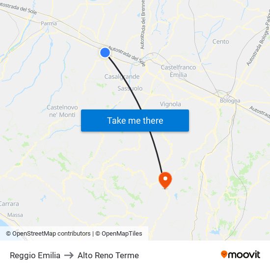Reggio Emilia to Alto Reno Terme map