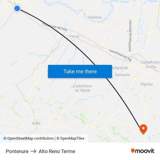 Pontenure to Alto Reno Terme map