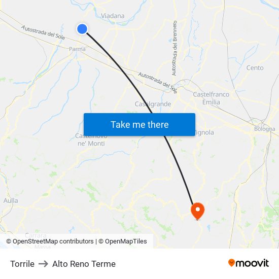 Torrile to Alto Reno Terme map