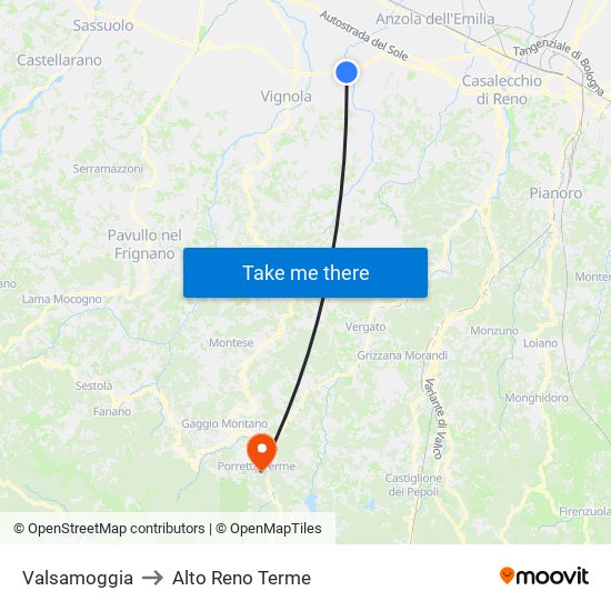 Valsamoggia to Alto Reno Terme map