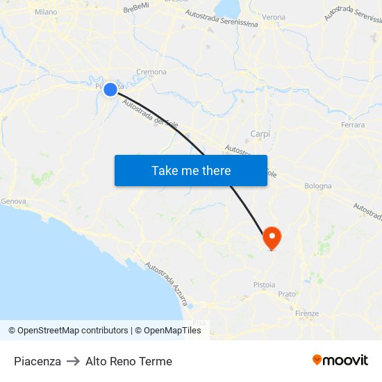 Piacenza to Alto Reno Terme map