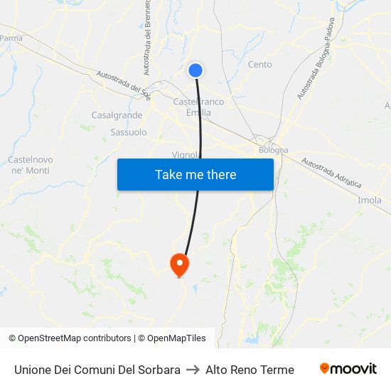 Unione Dei Comuni Del Sorbara to Alto Reno Terme map