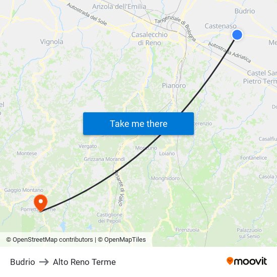 Budrio to Alto Reno Terme map