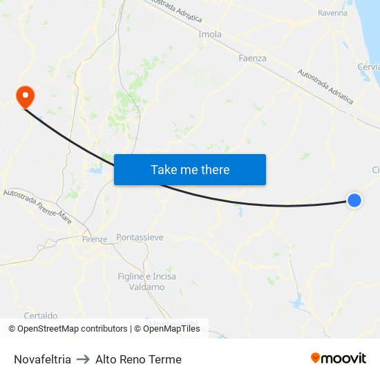 Novafeltria to Alto Reno Terme map