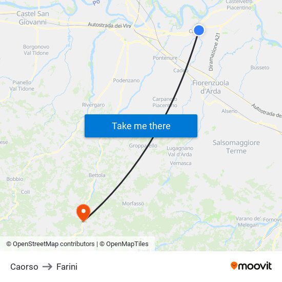 Caorso to Farini map