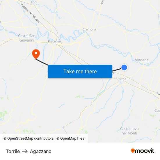 Torrile to Agazzano map